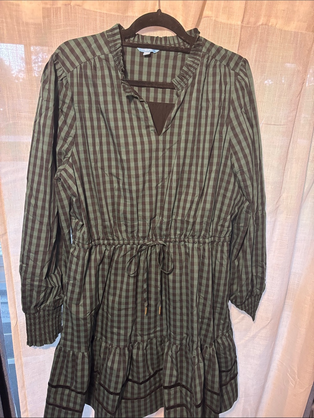 Draper James Olive and Dark Brown Plaid Drawstring Waist Dress